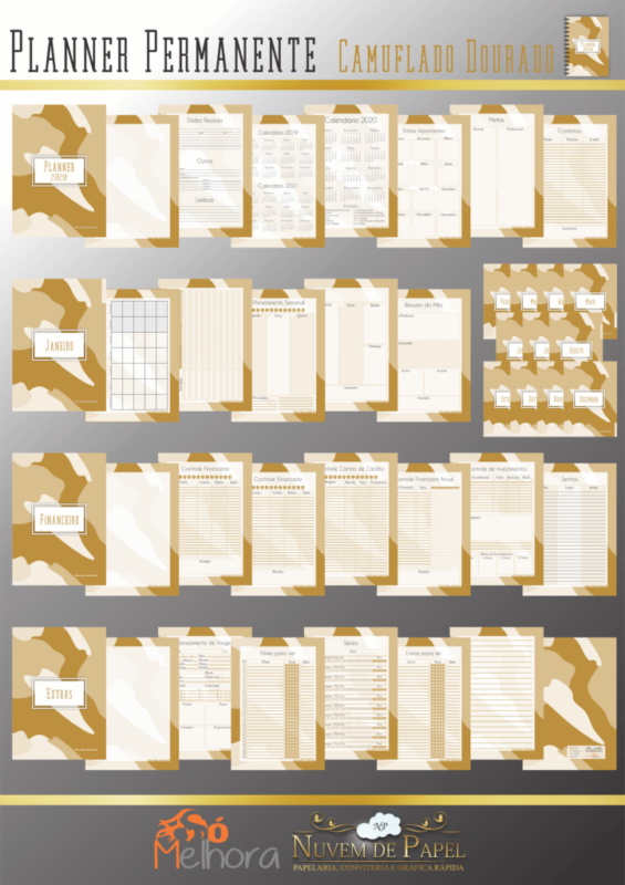 páginas internas do planner camuflado dourado