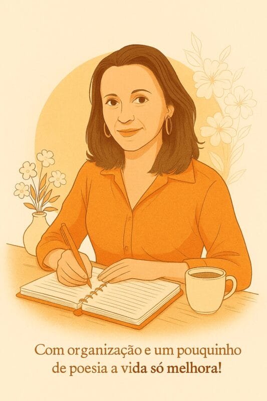 Ilustração de uma mulher escrevendo em um planner, com flores ao fundo e uma xícara de café ao lado, acompanhada da frase “Com organização e um pouquinho de poesia a vida só melhora!”.