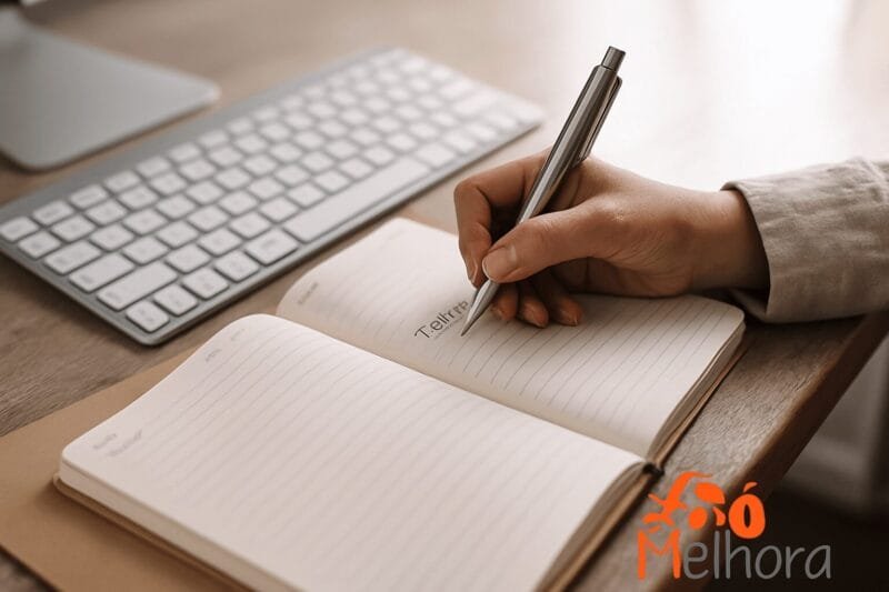 Mão escrevendo em um planner aberto sobre a mesa, ao lado de um teclado de computador.